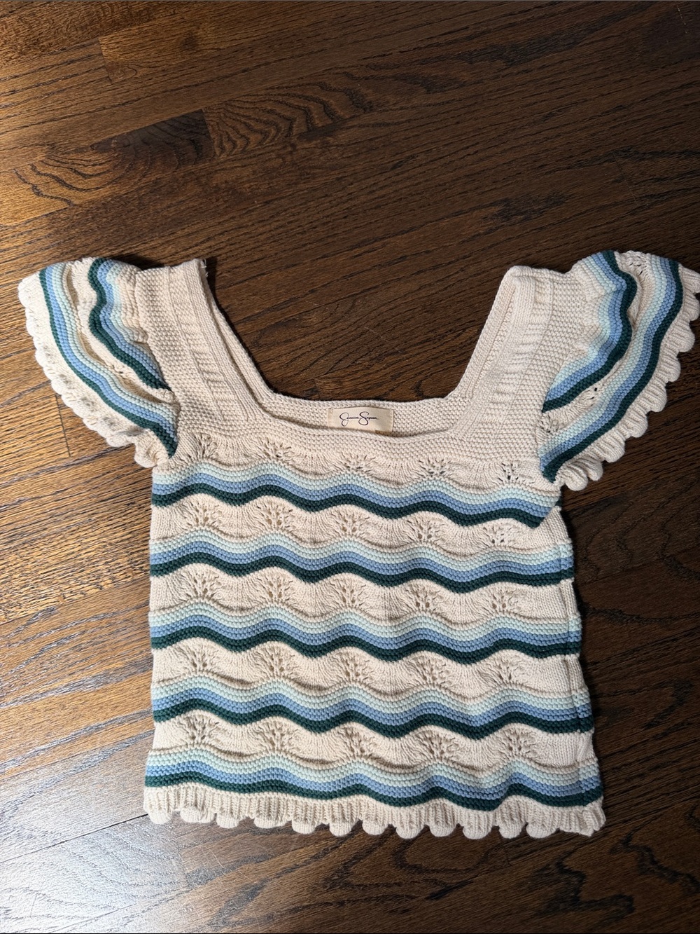 Beige Striped Knit Top with Blue Accents